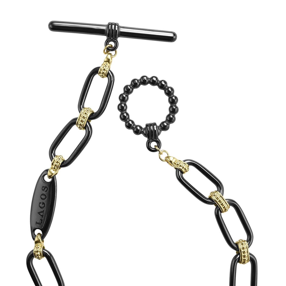 LAGOS Signature Caviar 18K Gold & Black Ceramic Link Bracelet, 7