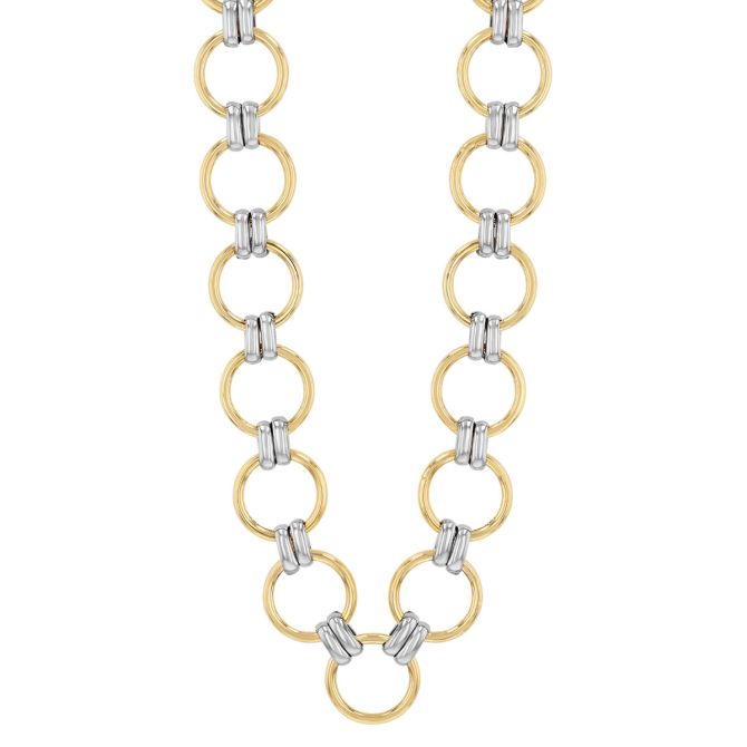 Two Tone Circle & Double Bar Link Necklace, 18"