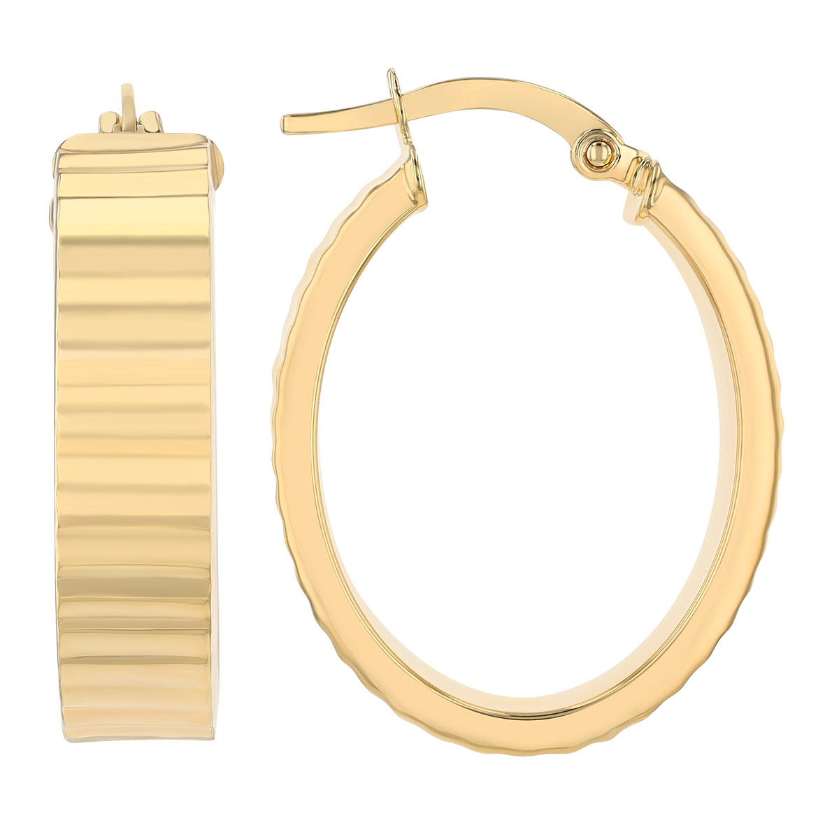 Yellow Gold Ribbed Oval Hoop Earrings