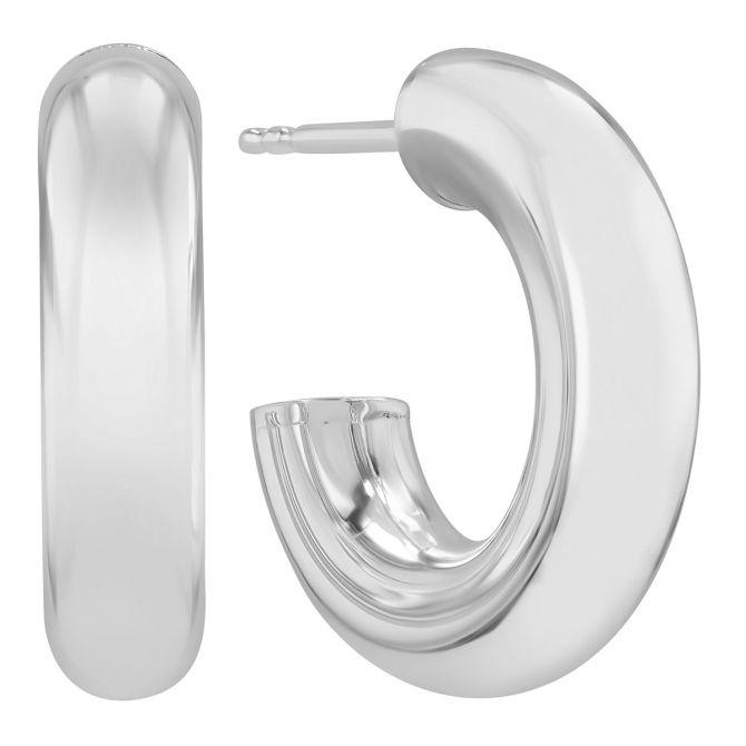 White Gold Rounded Open Huggie Hoop Earrings, 8 mm