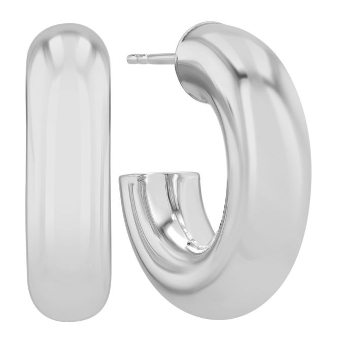 White Gold Rounded Open Huggie Hoop Earrings, 8 mm