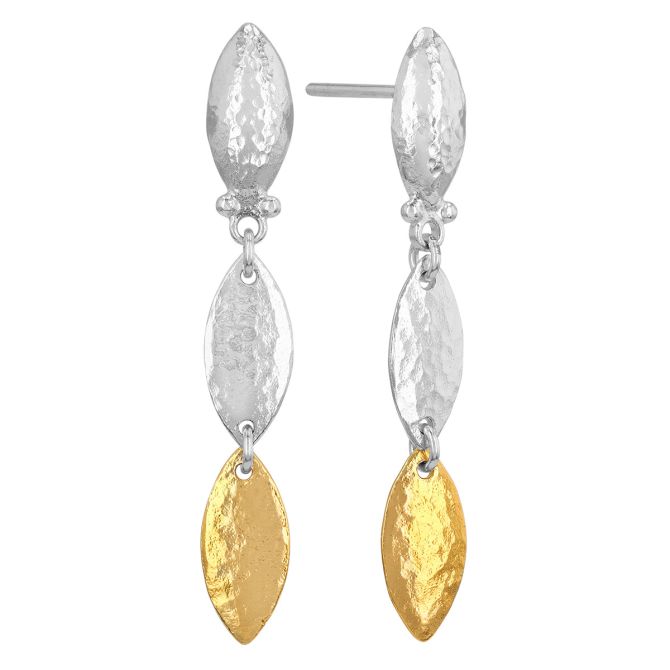 Gurhan Hammered Sterling Silver & Yellow Tone Marquise Shape Trio Dangle Earrings