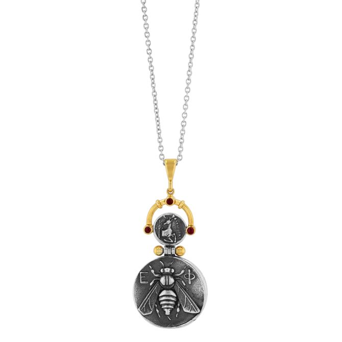 Gurhan Sterling Silver & Yellow Tone Bee & Deer Reversible Coin Pendant with Ruby Accents, 18"