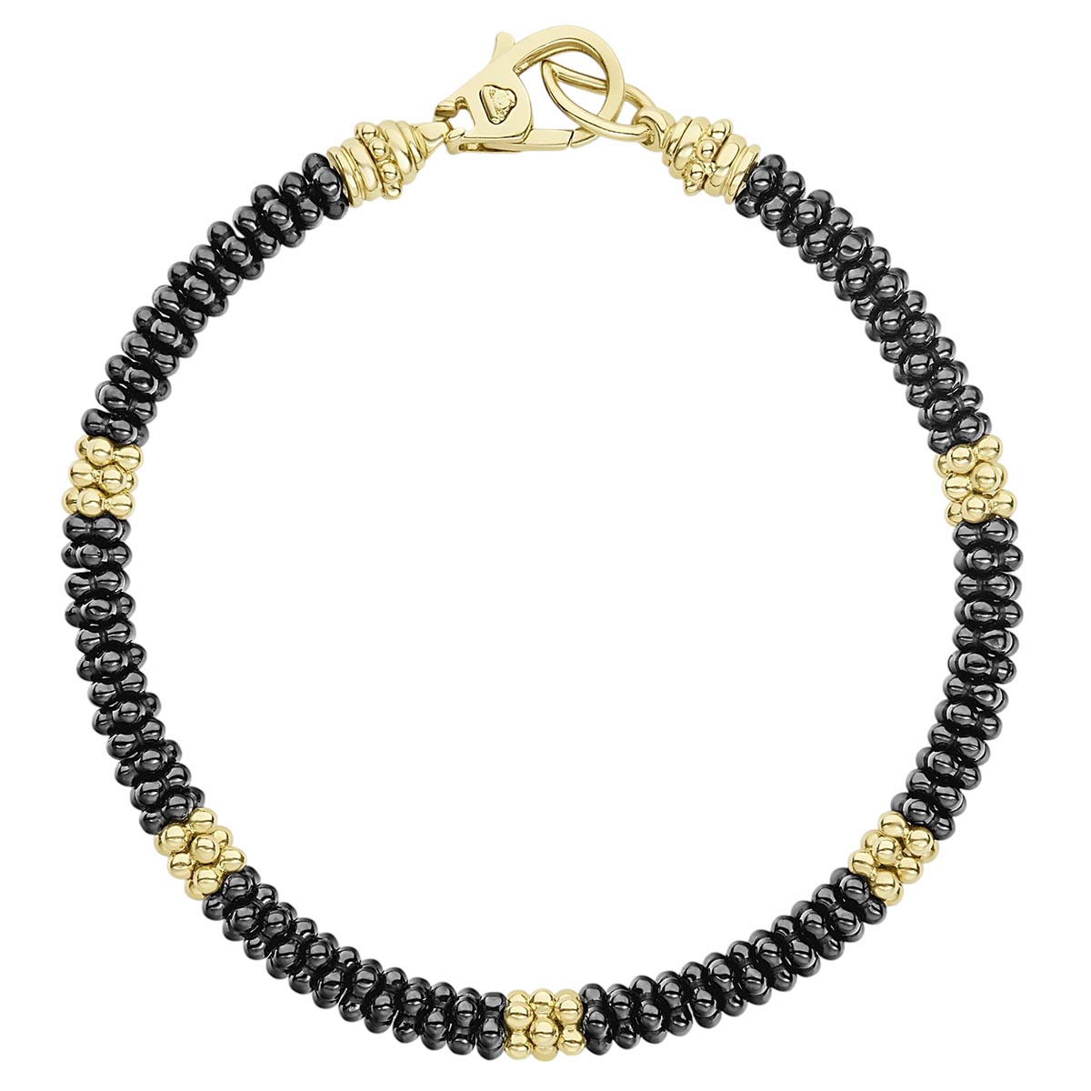 LAGOS Black Caviar Five Small 18K Yellow Gold Station Ceramic Beaded Bracelet, 7.75