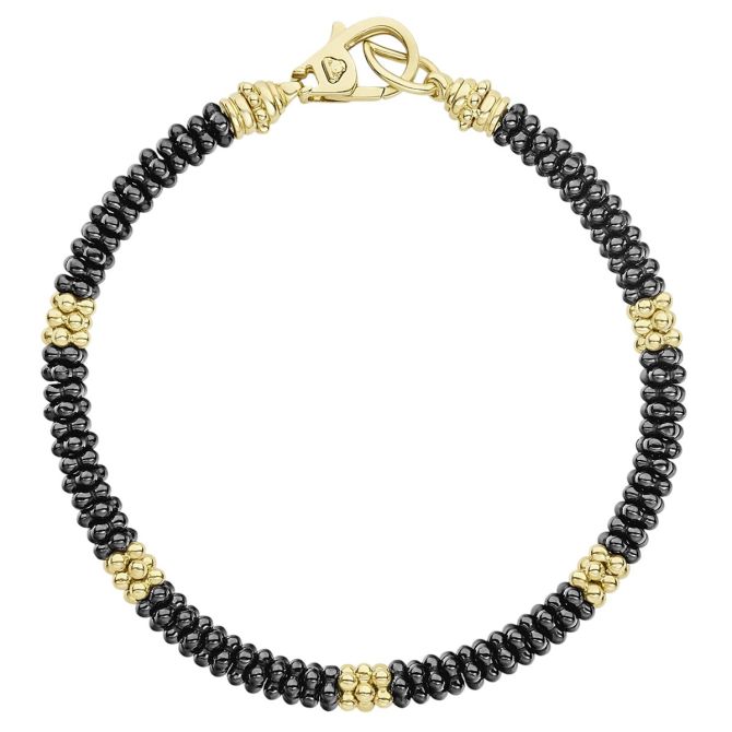 LAGOS Black Caviar Five Small 18K Yellow Gold Station Ceramic Beaded Bracelet, 7.75", 5mm