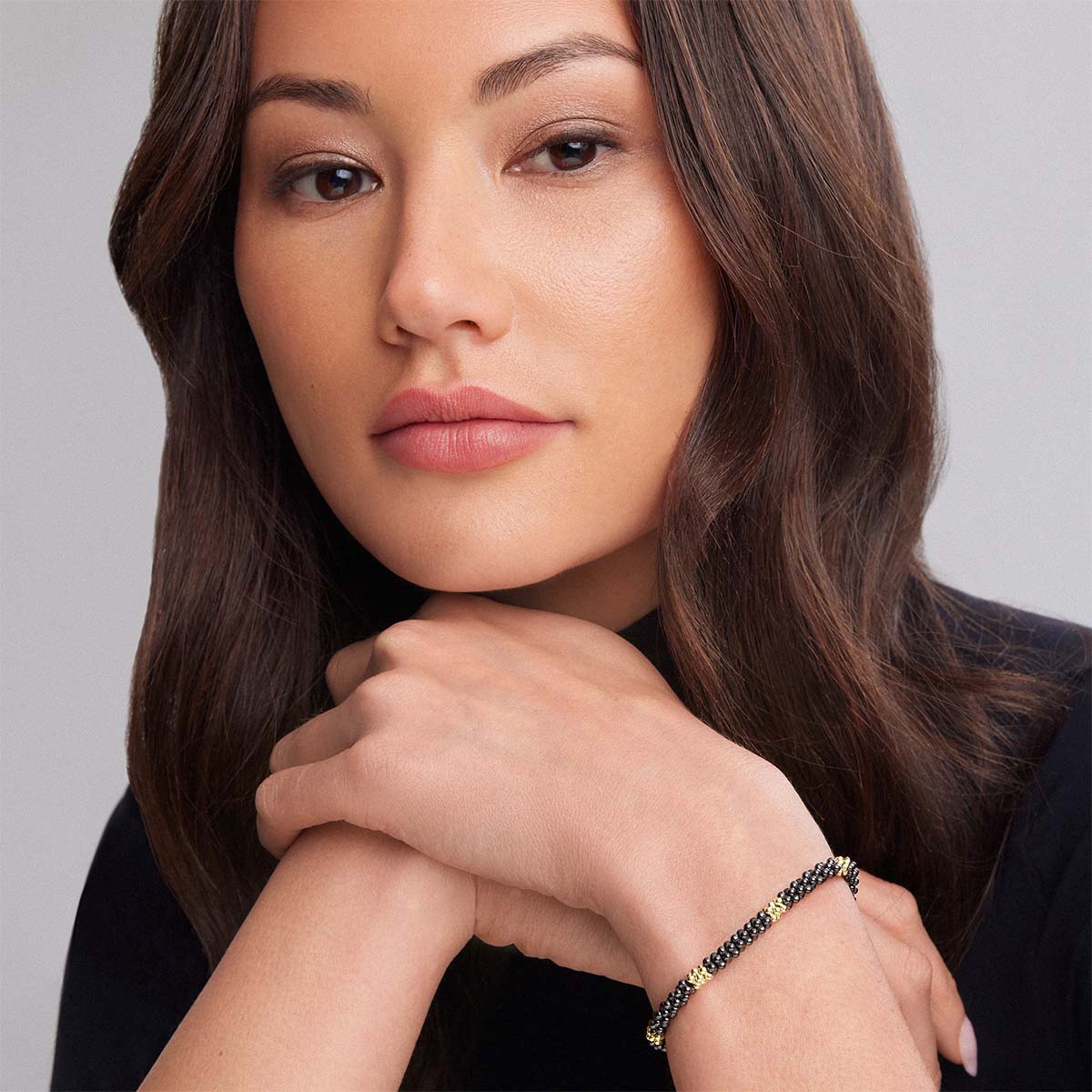 LAGOS Black Caviar Five Small 18K Yellow Gold Station Ceramic Beaded Bracelet, 7.75
