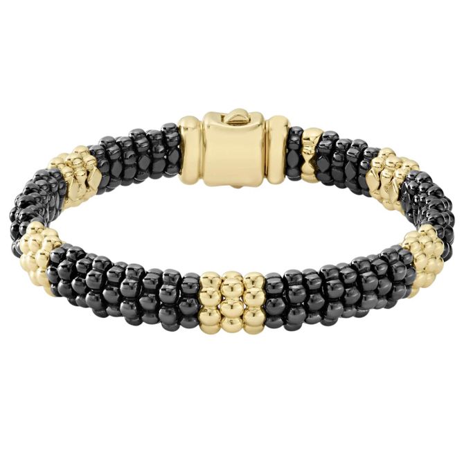 LAGOS Black Caviar 18K Yellow Gold Station Ceramic Beaded Bracelet, 7", 9mm