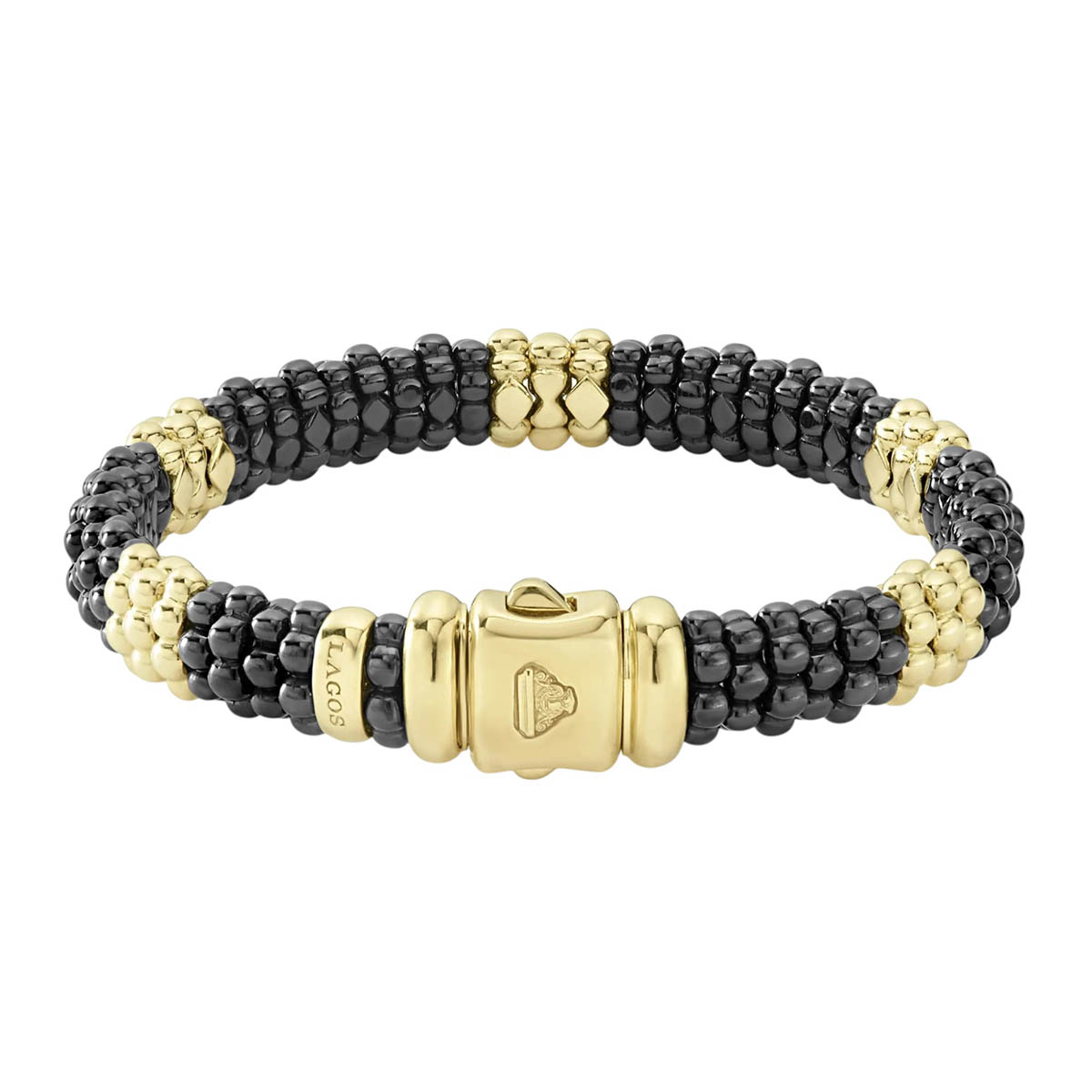 LAGOS Black Caviar 18K Yellow Gold Station Ceramic Beaded Bracelet, 7