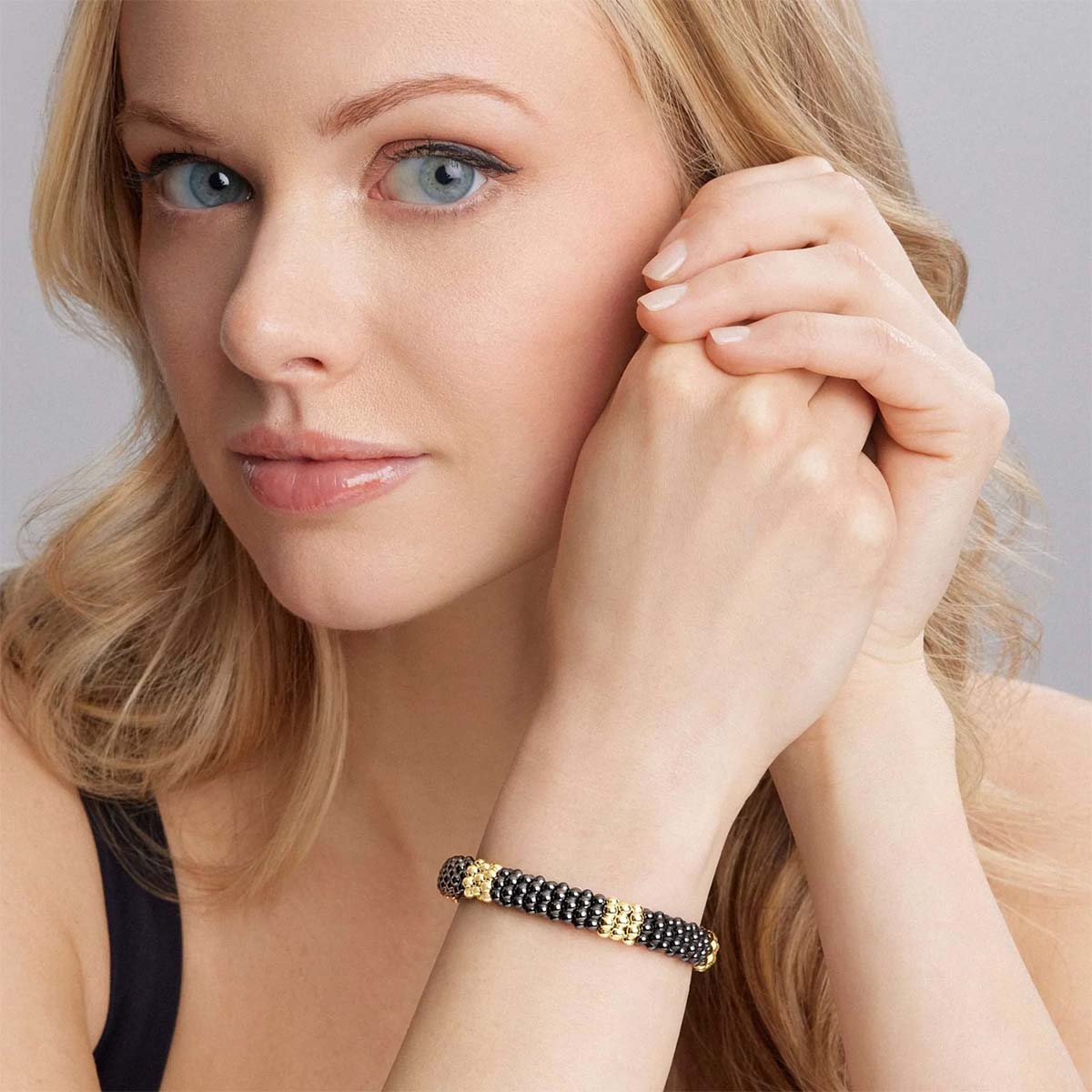 LAGOS Black Caviar 18K Yellow Gold Station Ceramic Beaded Bracelet, 7