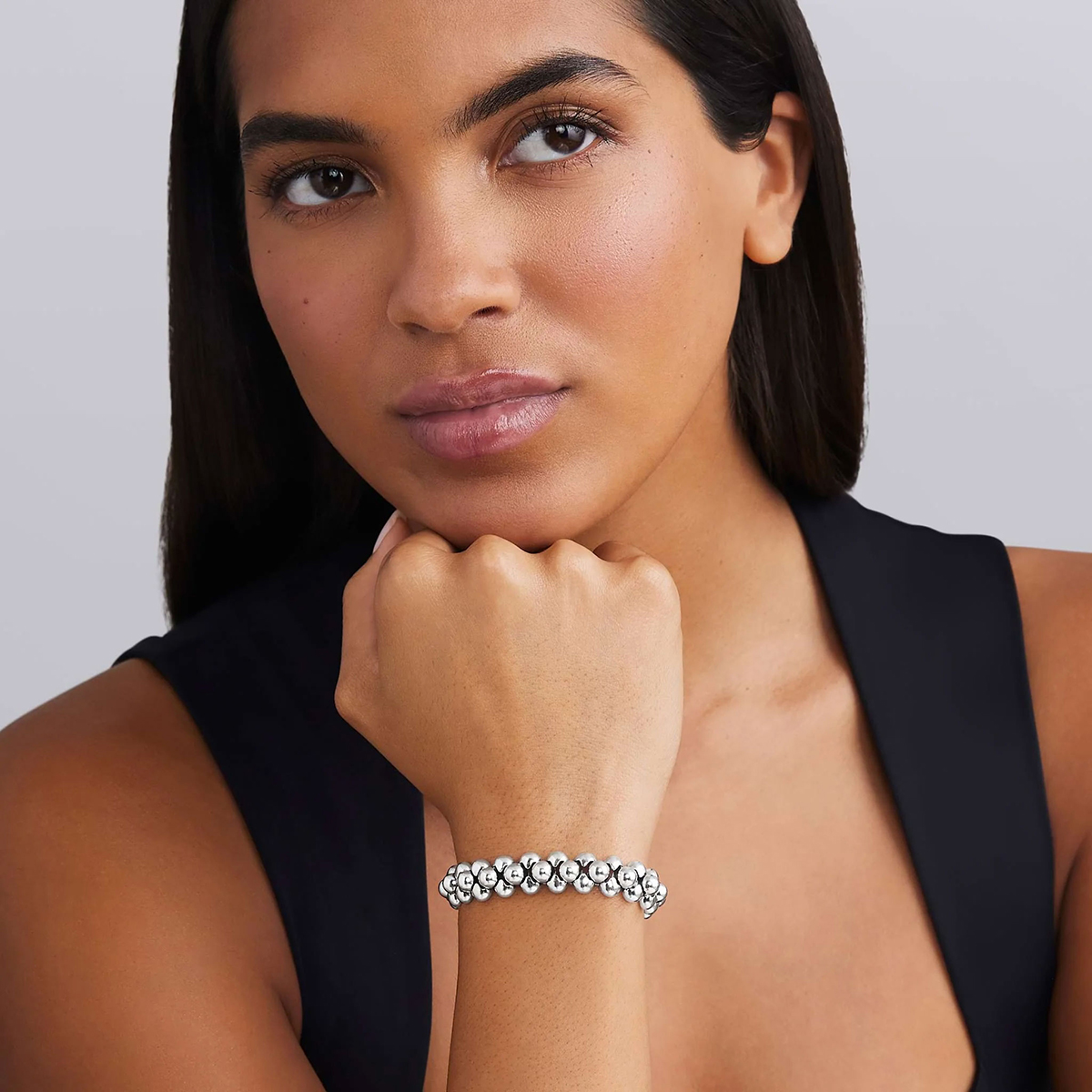 LAGOS Caviar Bubbly Sterling Silver Three Row Beaded Statement Bracelet, 7