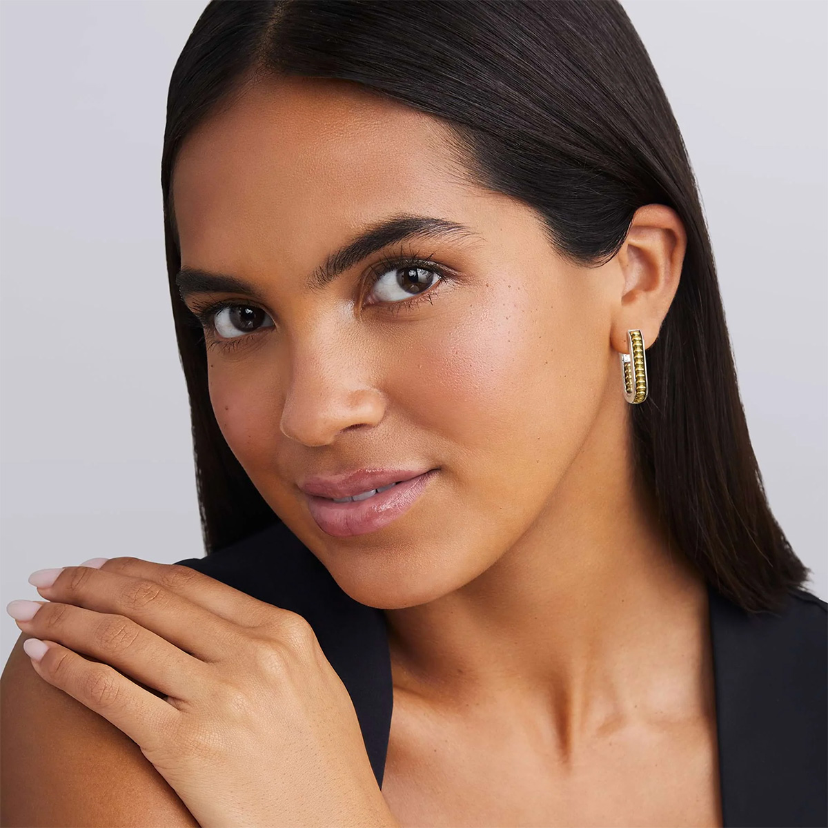 LAGOS Signature Caviar Linear Huggie Hoop Earrings in Yellow Gold & Sterling Silver, 25 mm