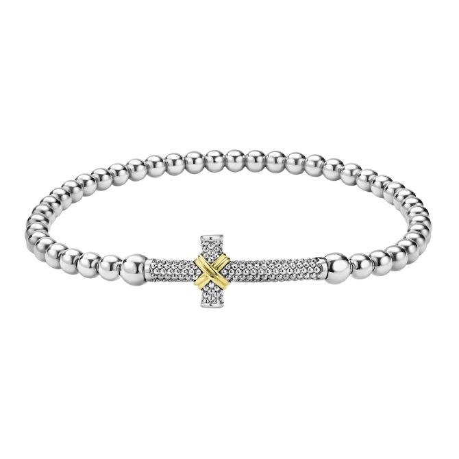 LAGOS Signature Caviar Cross Stretch Bracelet in Sterling Silver & Yellow Gold