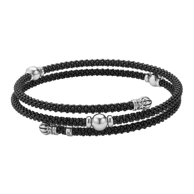 LAGOS Black Caviar Black Ceramic Beaded Double Wrap Bracelet in Sterling Silver, 7"