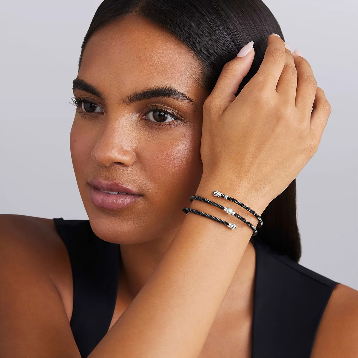 LAGOS Black Caviar Black Ceramic Beaded Double Wrap Bracelet in Sterling Silver, 7