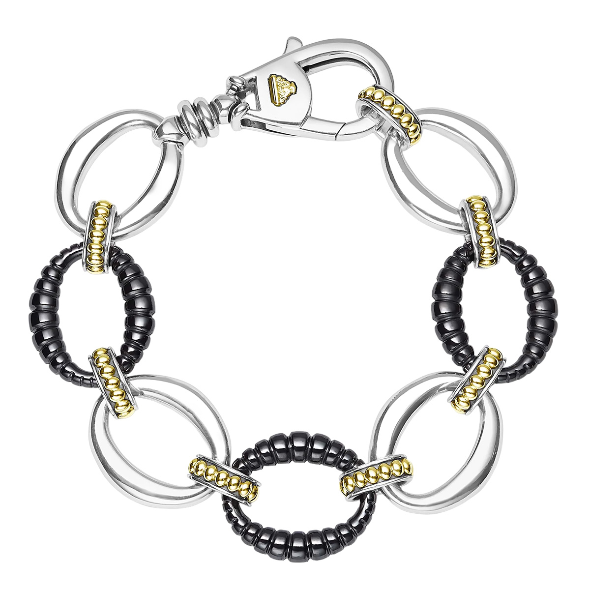 LAGOS Black Caviar Black Ceramic, Sterling Silver, & Yellow Gold Link Bracelet, 7