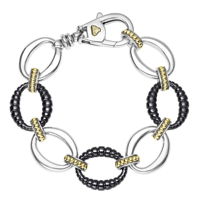 LAGOS Black Caviar Black Ceramic, Sterling Silver, & Yellow Gold Link Bracelet, 7"