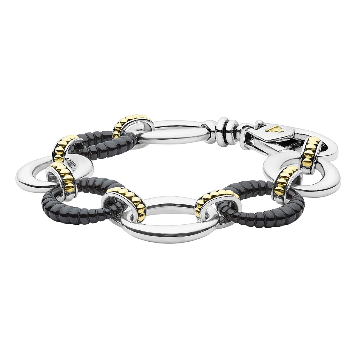 LAGOS Black Caviar Black Ceramic, Sterling Silver, & Yellow Gold Link Bracelet, 7