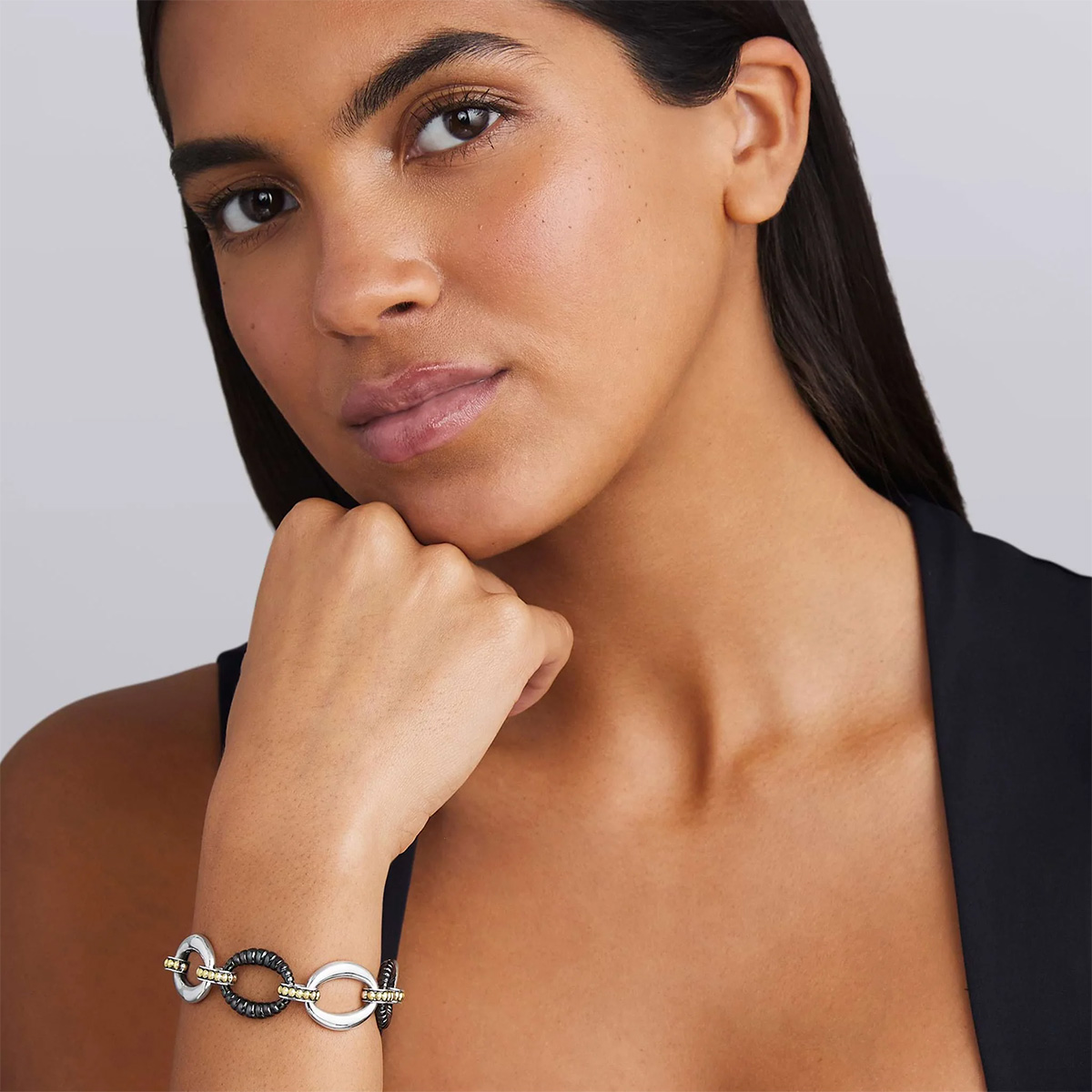 LAGOS Black Caviar Black Ceramic, Sterling Silver, & Yellow Gold Link Bracelet, 7