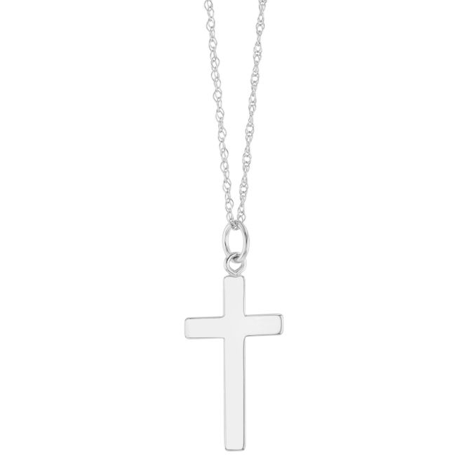 White Gold Flat Cross Pendant, 18"