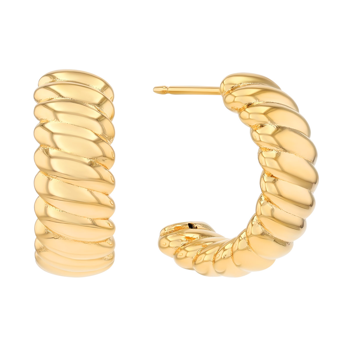 Yellow Gold Ribbed Half Hoop Earrings