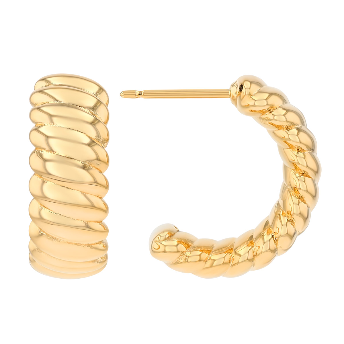 Yellow Gold Ribbed Half Hoop Earrings