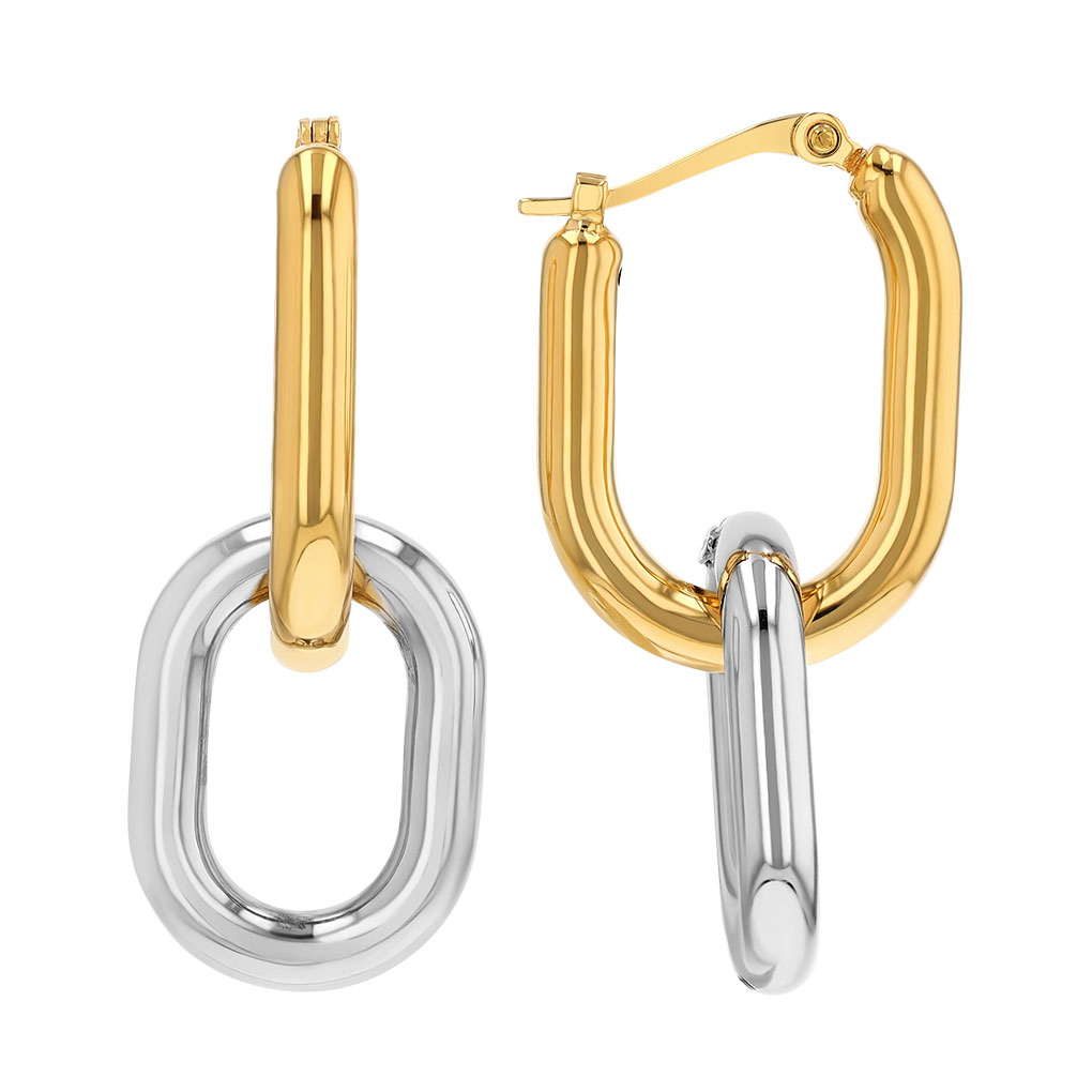Yellow & White Gold Two Tone Oval Interlocking Drop Earrings, Small