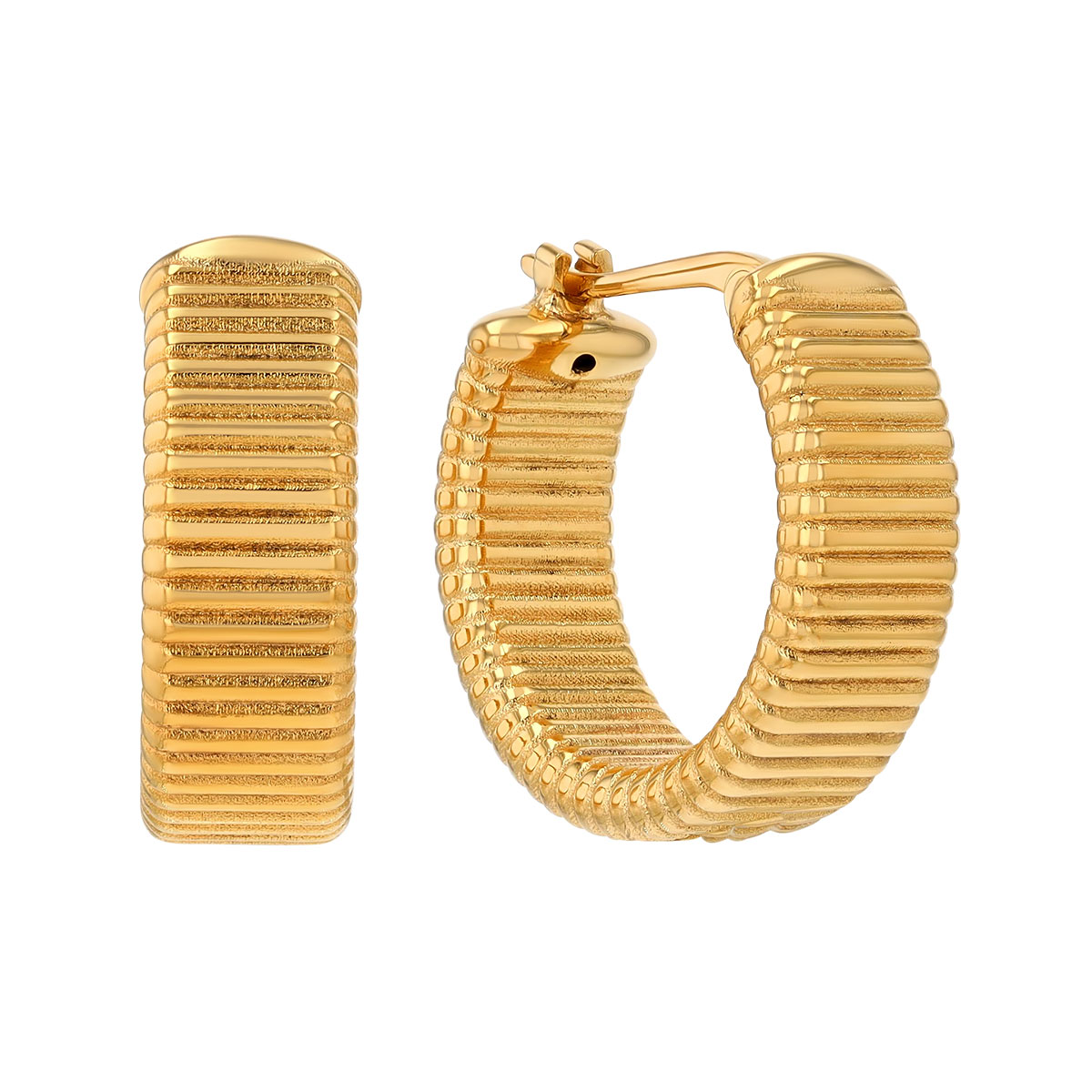 Yellow Gold Flat Ribbed Hoop Earrings, 17 mm