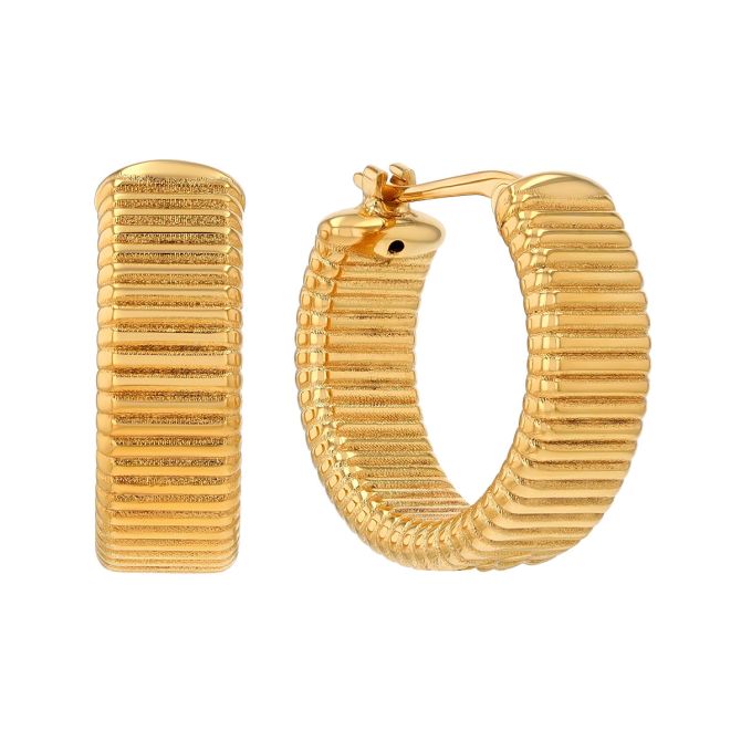 Yellow Gold Flat Ribbed Hoop Earrings, 17 mm