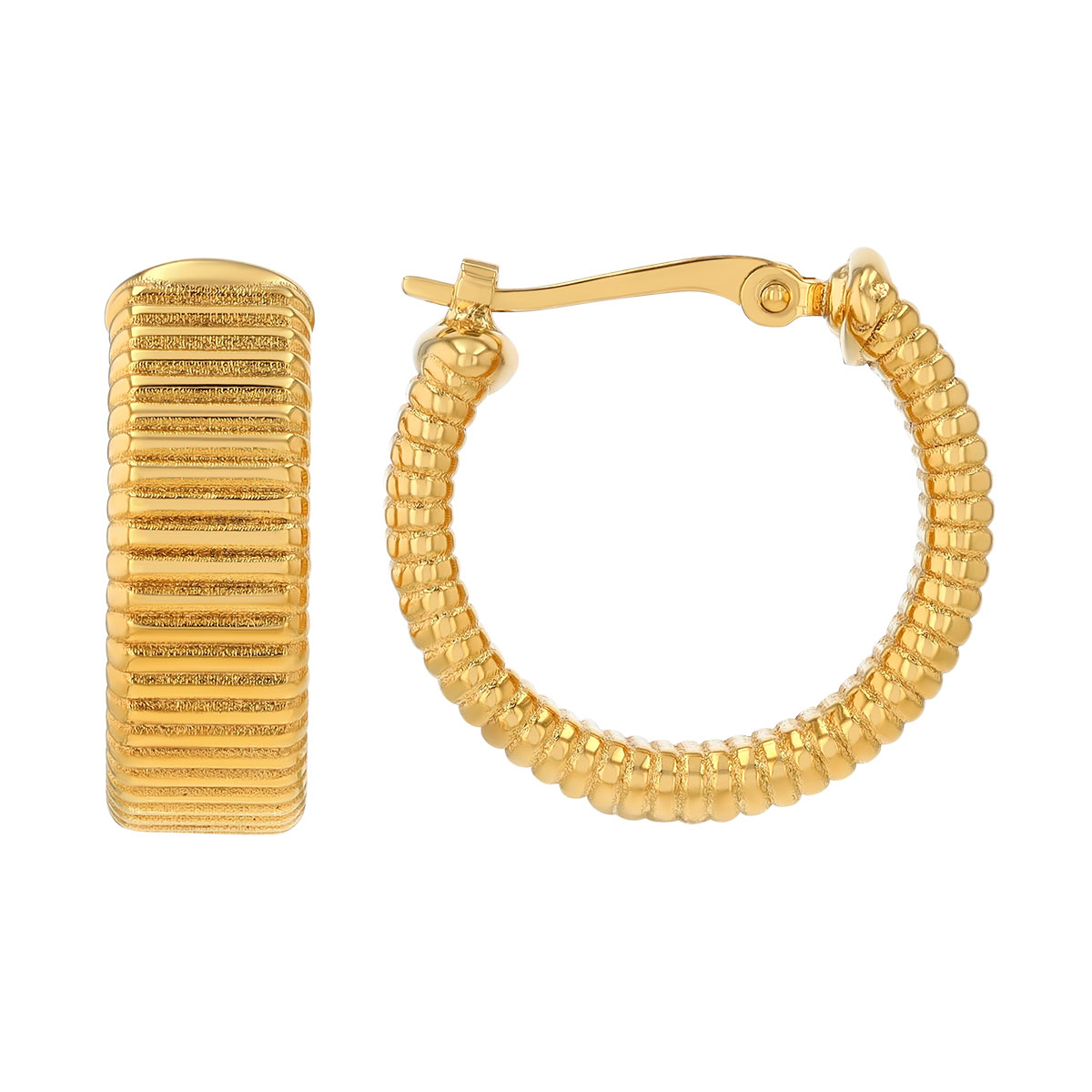 Yellow Gold Flat Ribbed Hoop Earrings, 17 mm