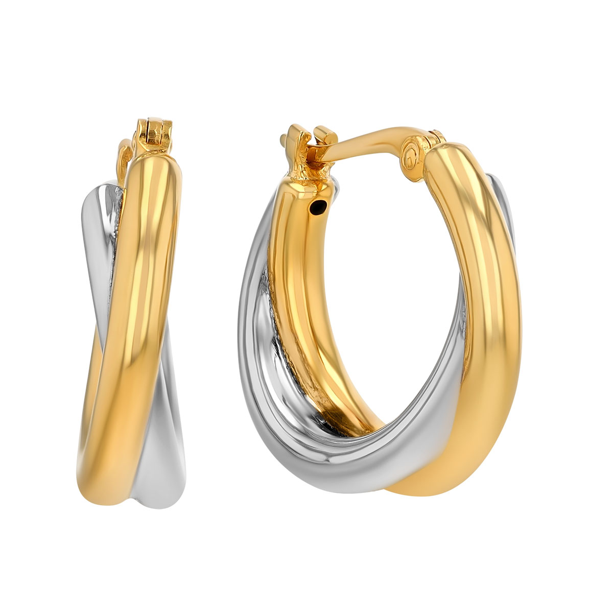 Yellow & White Gold Two Tone Twist Double Hoop Earrings, 15 mm