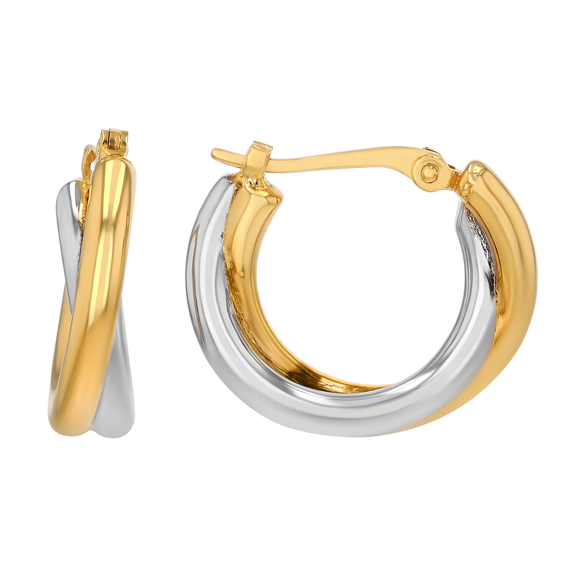 Yellow & White Gold Two Tone Twist Double Hoop Earrings, 15 mm