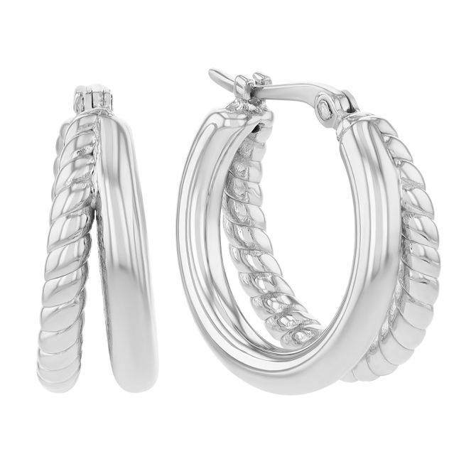 Sterling Silver Smooth & Twist Double Hoop Earrings