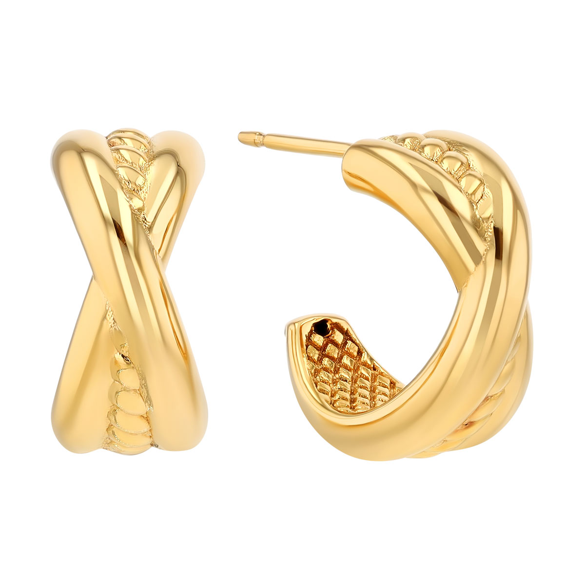 Yellow Gold Twisted X Huggie Post Earrings, 13 mm