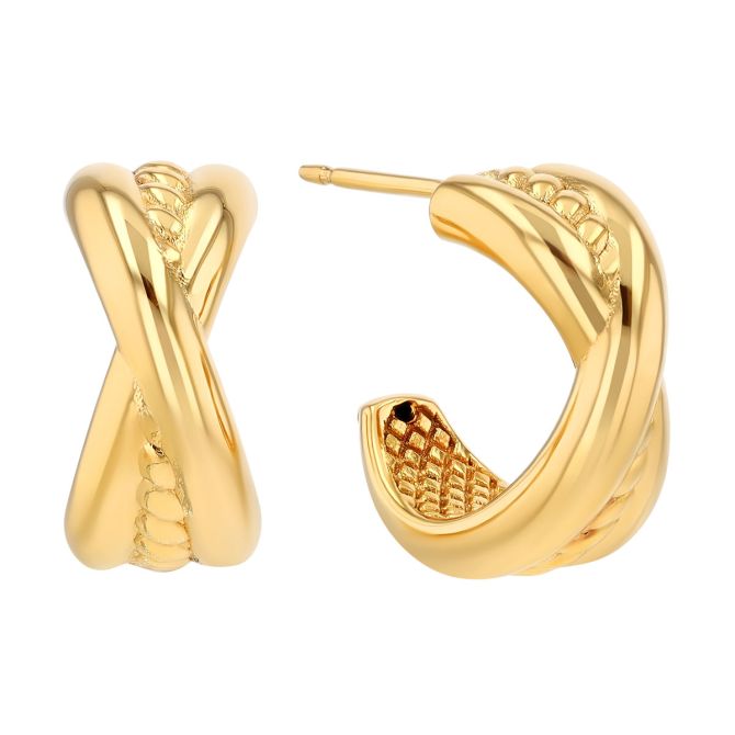 Yellow Gold Twisted X Huggie Post Earrings, 13 mm