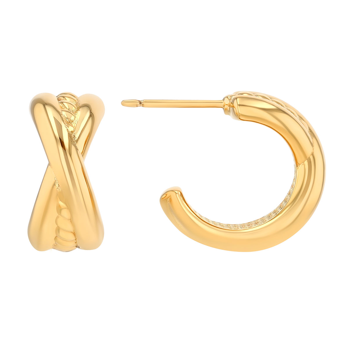 Yellow Gold Twisted X Huggie Post Earrings, 13 mm