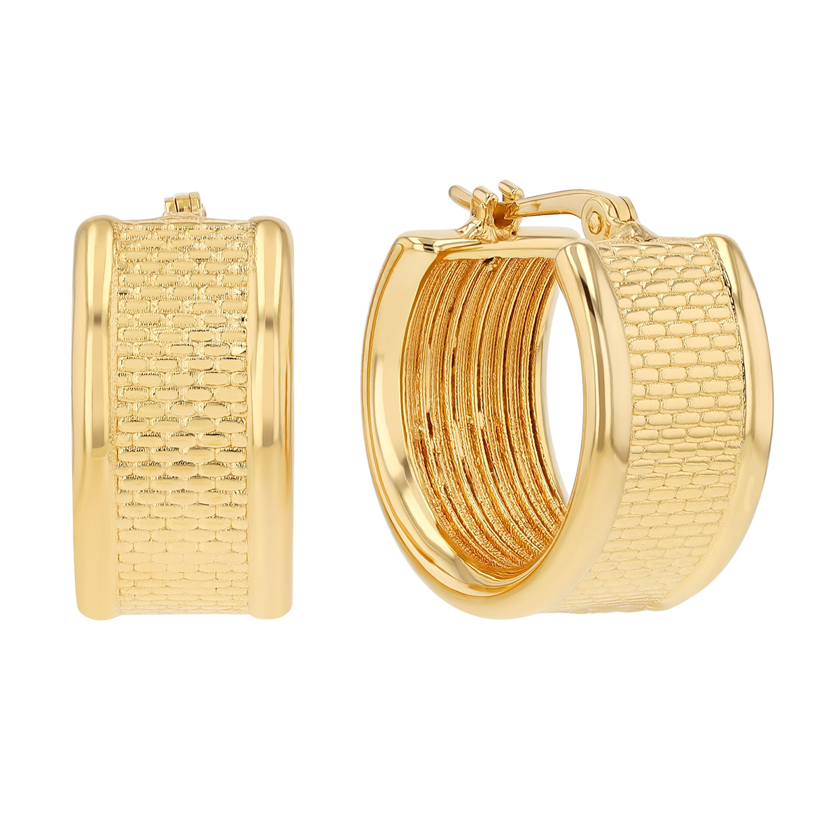 Yellow Gold Brick Pattern Wide Huggie Hoop Earrings