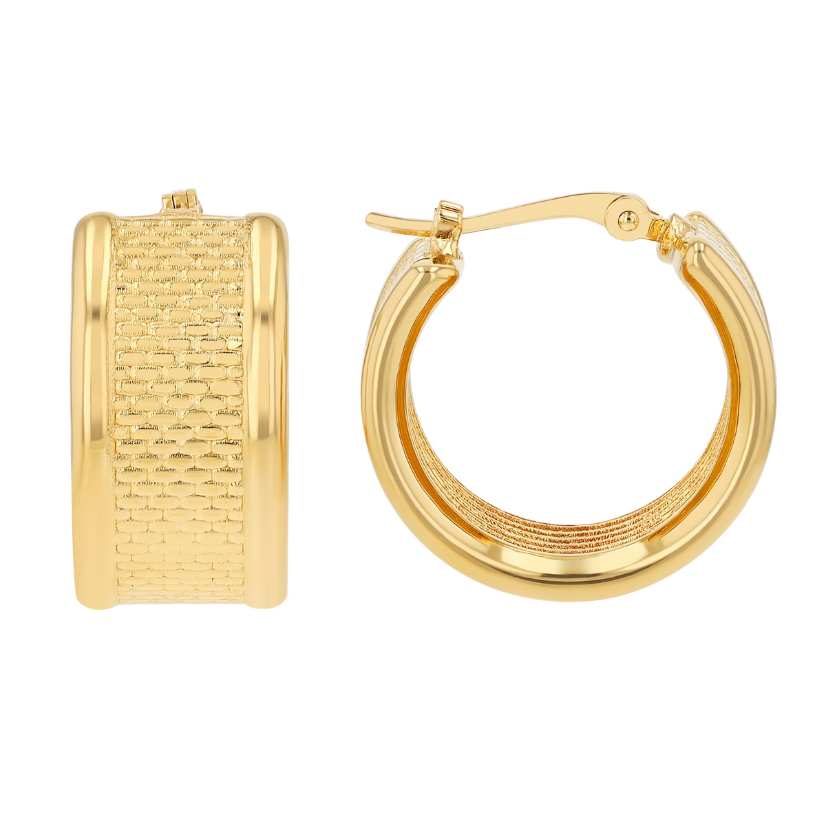 Yellow Gold Brick Pattern Wide Huggie Hoop Earrings