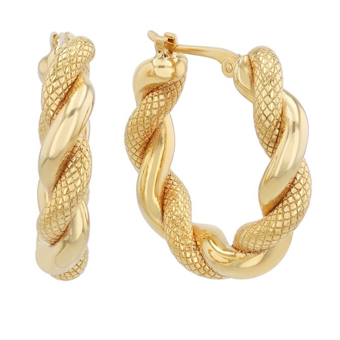 Yellow Gold High Polish & Snakeskin Texture Twisted Hoop Earrings
