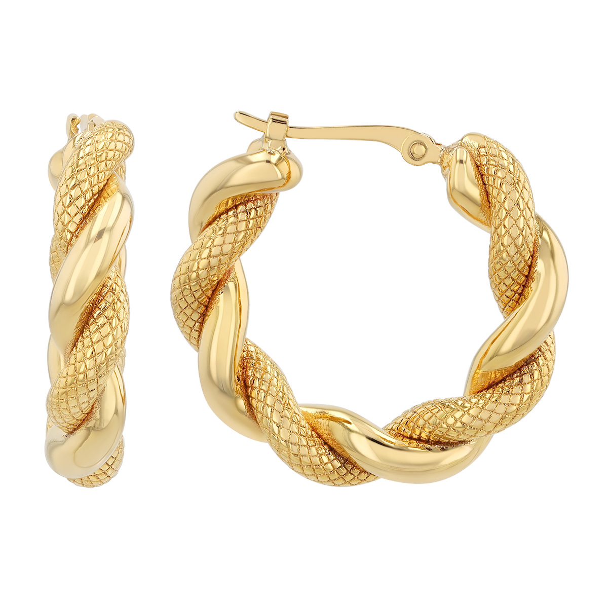 Yellow Gold High Polish & Snakeskin Texture Twisted Hoop Earrings