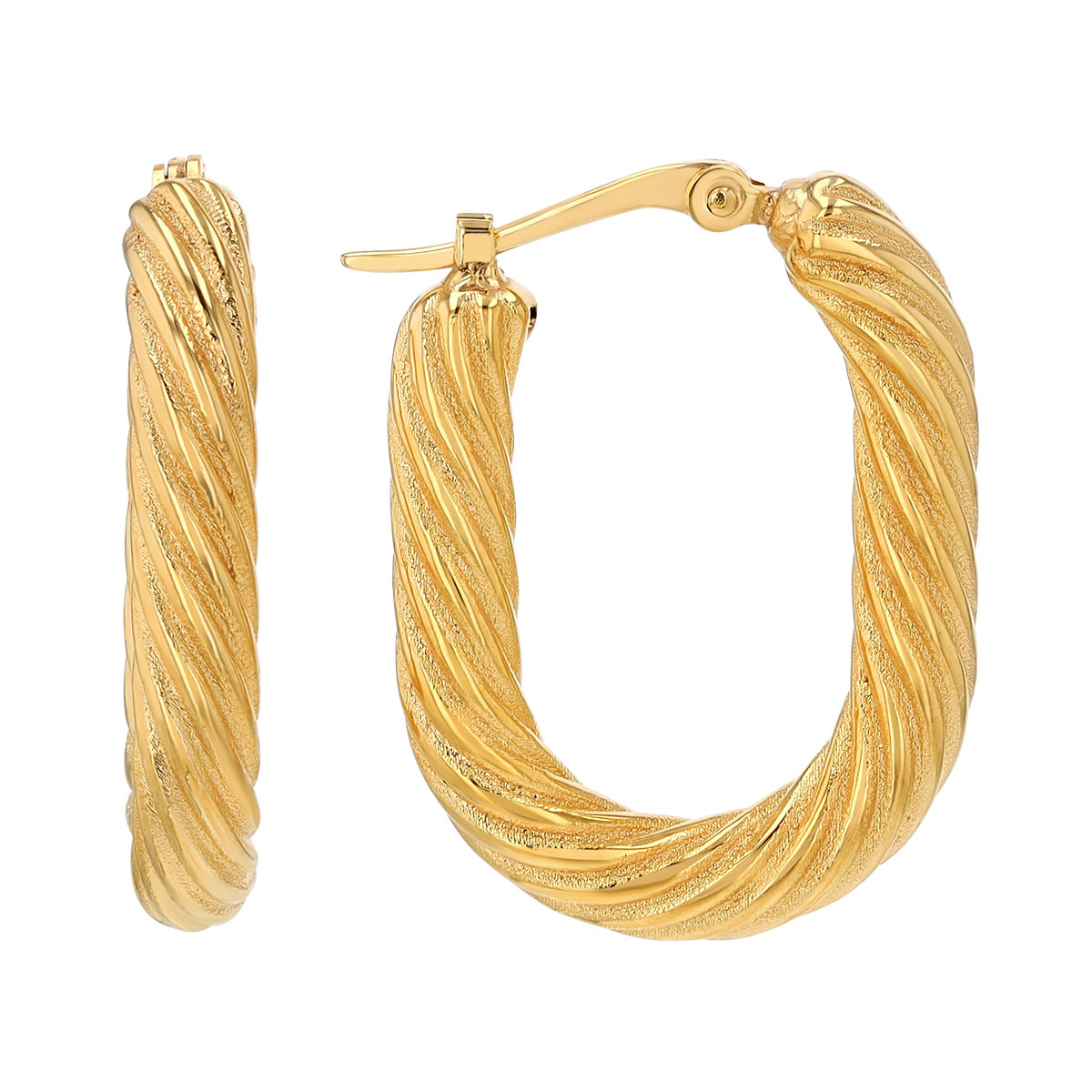 Yellow Gold Spiral Twist Oval Hoop Earrings, 21 mm
