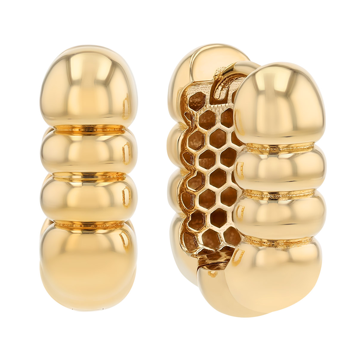 Yellow Gold Ribbed Oval Hoop Earrings