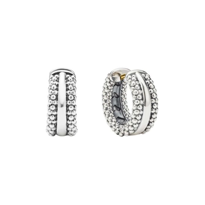 LAGOS Signature Caviar Sterling Silver 3 Row Beaded Huggie Hoop Earrings