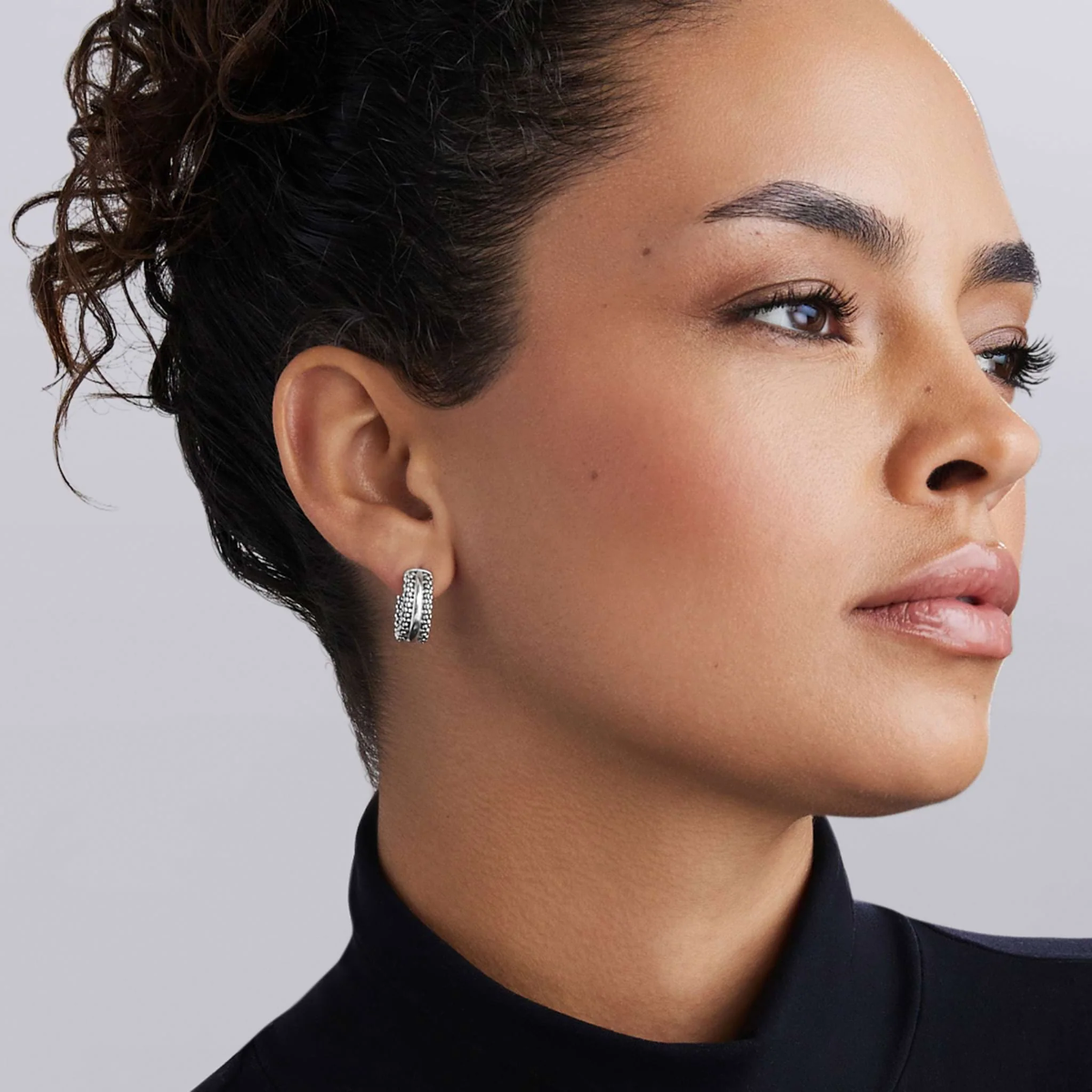 LAGOS Signature Caviar Sterling Silver 3 Row Beaded Huggie Hoop Earrings