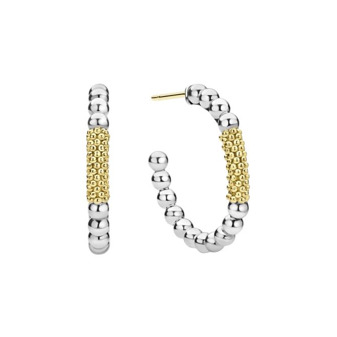 LAGOS Caviar Icon Yellow Gold Bar & Sterling Silver Beaded Hoop Earrings