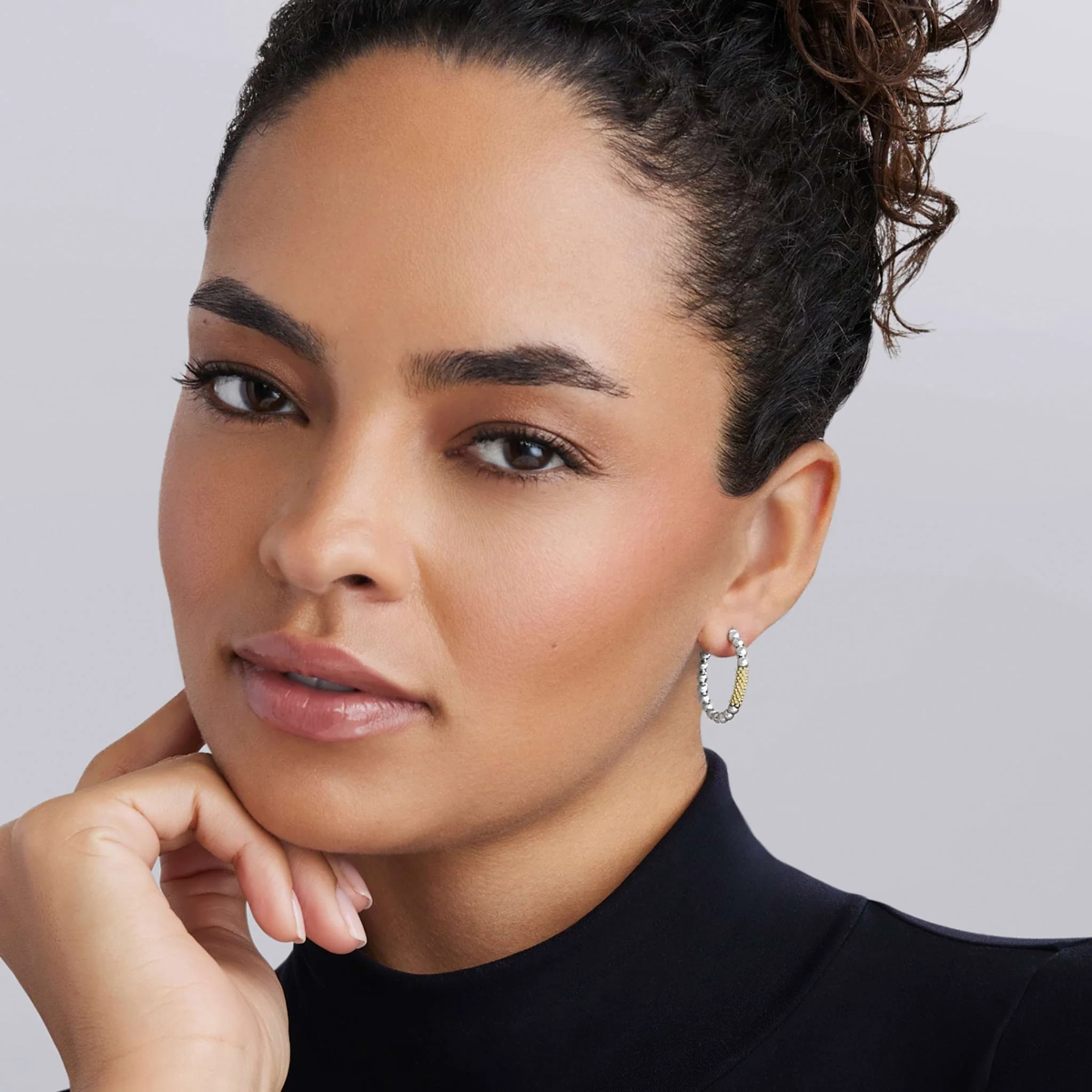 LAGOS Caviar Icon Yellow Gold Bar & Sterling Silver Beaded Hoop Earrings