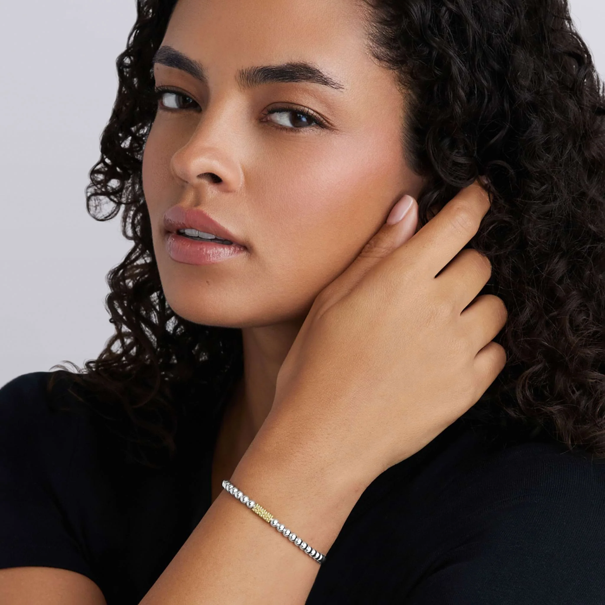 LAGOS Caviar Icon Sterling Silver & Yellow Gold Station Beaded Stretch Bracelet, 7