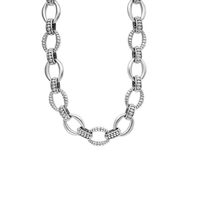 LAGOS Signature Caviar Sterling Silver Fluted Oval Link Necklace, 18", 15 mm