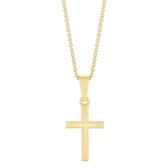 Yellow Gold Brushed & High Polish Cross Pendant, 18"