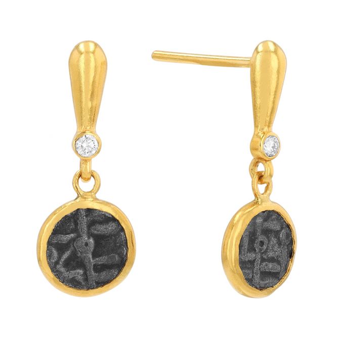 Gurhan Antiquities Yellow Gold  & Black Coin Dangle Earrings with Diamond Accent