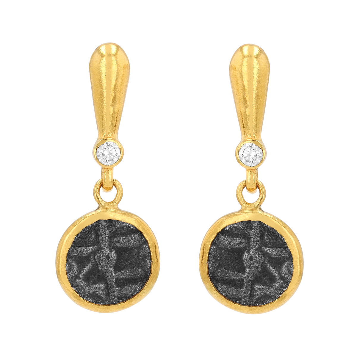 Gurhan Antiquities Yellow Gold  & Black Coin Dangle Earrings with Diamond Accent